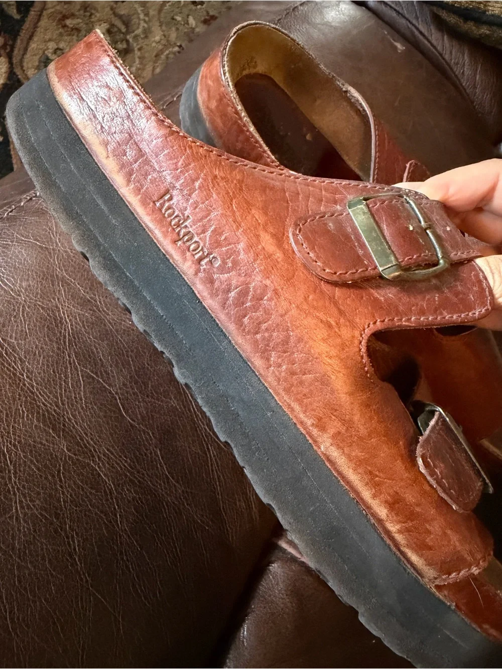 Rockport Men's Brown Double-Buckle Leather Slide Sandals